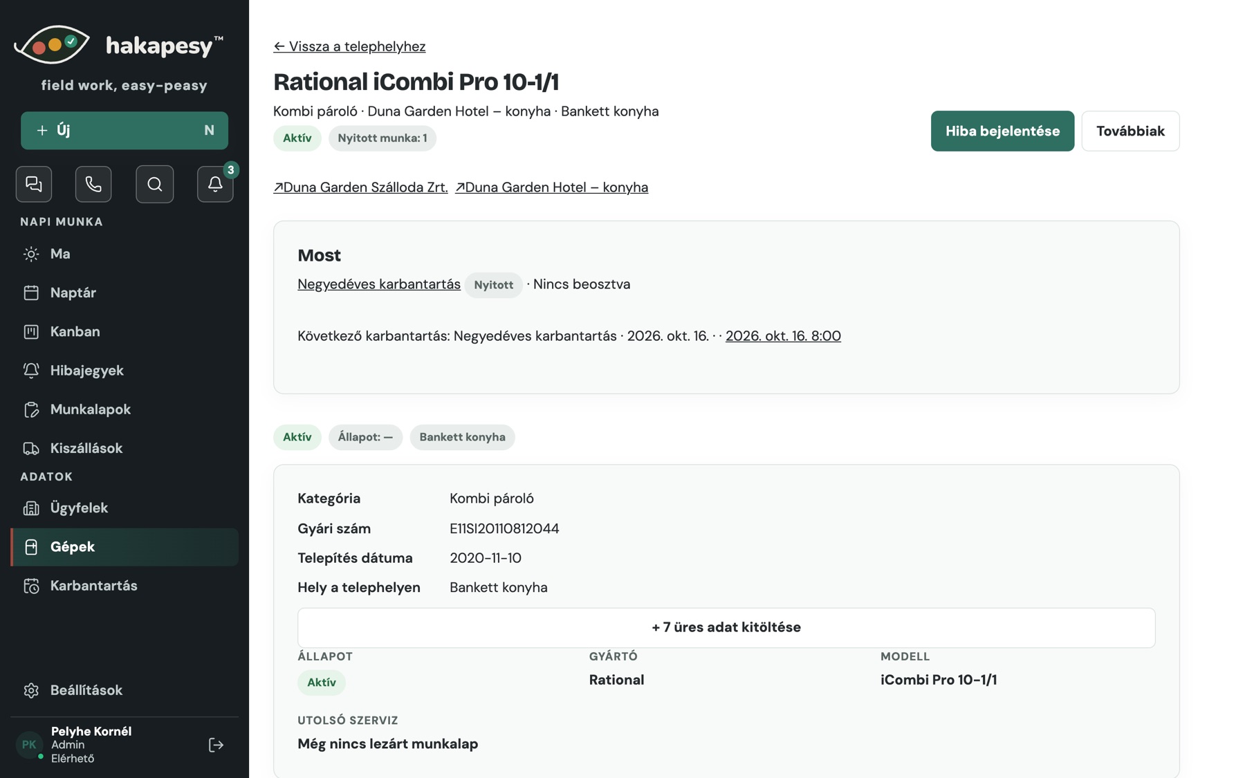 Machine page: Rational iCombi, serial number, next maintenance