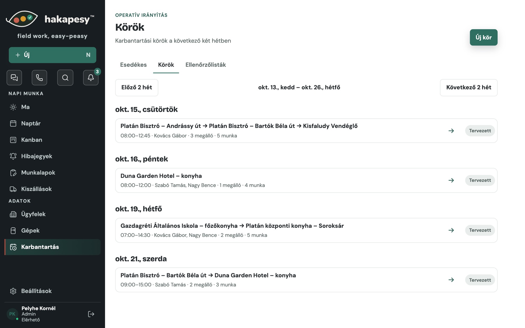 Maintenance rounds listed by day