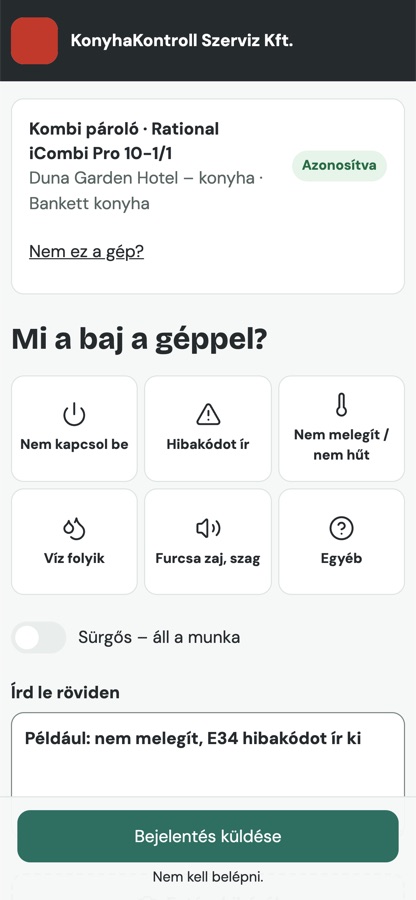 Mobile fault report form: What is wrong with the machine? with six large buttons